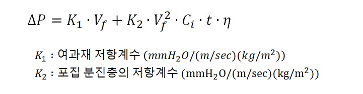여과집진장치 압력손실 - Darcy 식 = 여과재 저항계수 * 겉보기 여과속도 + 포집 분진층의 저항계수 * 겉보기여과속도^2 * 입구먼지농도 *탈진주기 * 효율