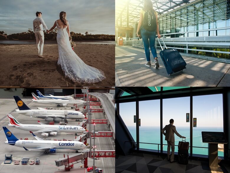 상단좌측부터 길다란 웨딩드레스를 입은 신부의 왼손을 신랑이 오른손으로 잡고 해변가를 걸어가는 뒷모습과 공항헤서 바퀴가 달린 여행가방을 끌고가고 있는 여성의 뒷모습이며, 하단좌측부터 공항에서 5대의 비행기가 나란히 서있는 모습과 공항의 커다란 유리창 넘어를 바로보며 여행가방의 손잡이를 잡고 서있는 남성의 모습