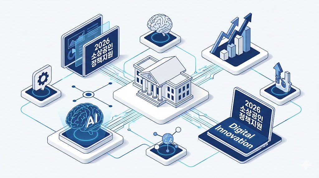 2026년 소상공인 지원 정책의 핵심 비주얼과 디지털 혁신을 상징하는 인포그래픽