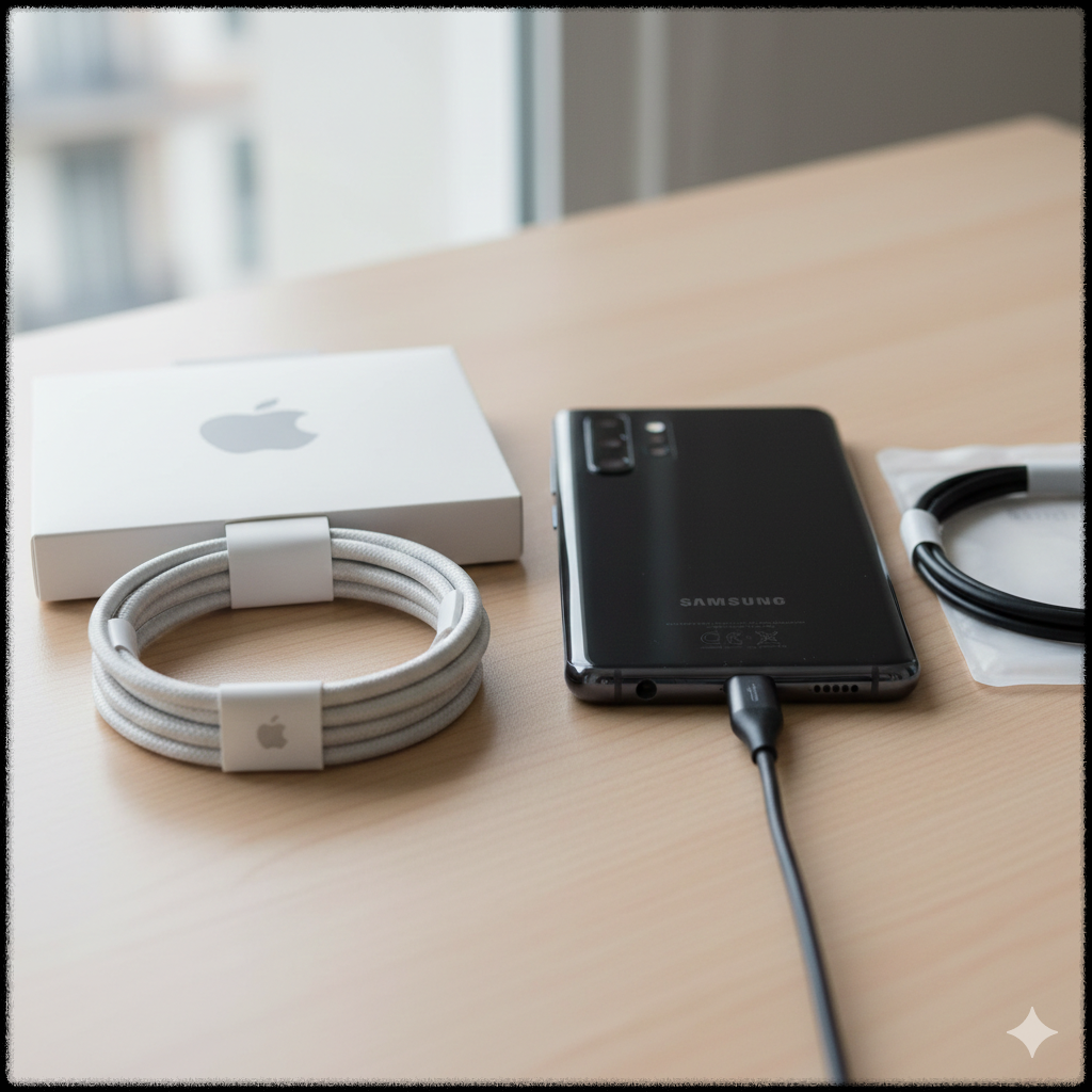 정품 USB-C 케이블과 일반 케이블을 비교하는 모습