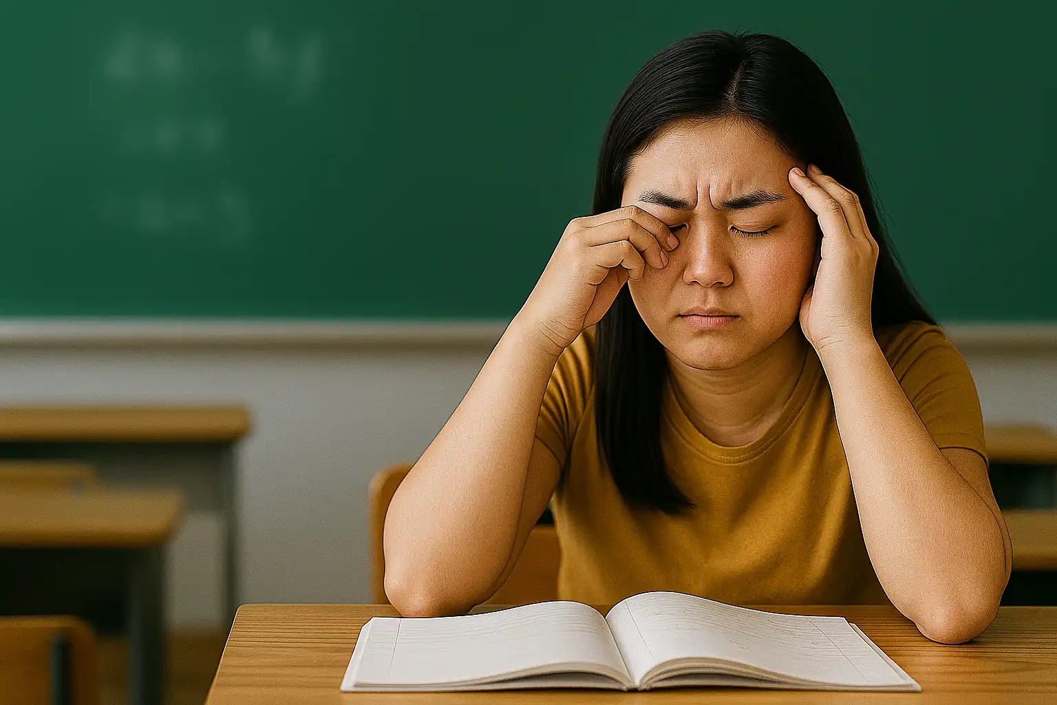 칠판 글씨가 흐릿하게 보이는 학생, 눈을 비비거나 두통으로 머리를 잡는 모습