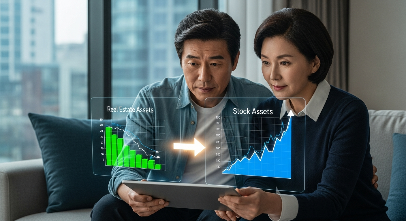 부동산 자산은 줄어들고 주식 자산은 늘어나는 홀로그램 태블릿을 보고 있는 젊어 보이는 한국인 중년 부부(검은 머리, 흰머리 없음), 자산의 이동, 현대적인 거실 배경.