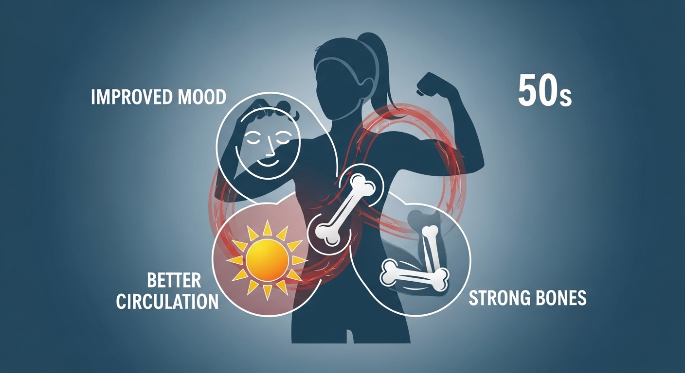 갱년기 근력 운동의 긍정적인 효과를 시각적으로 보여주는 일러스트. 혈액순환 개선, 기분 향상, 뼈 건강 강화 등을 상징합니다.
