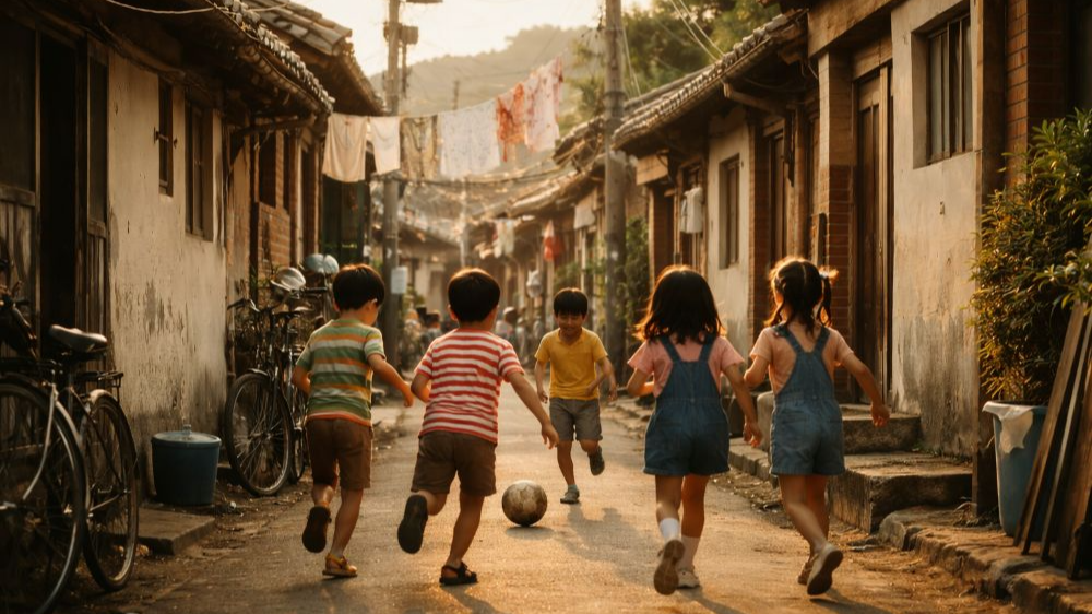 골목길 중앙에서 여러 명의 아이들이 공을 차며 함께 뛰어다니는 장면