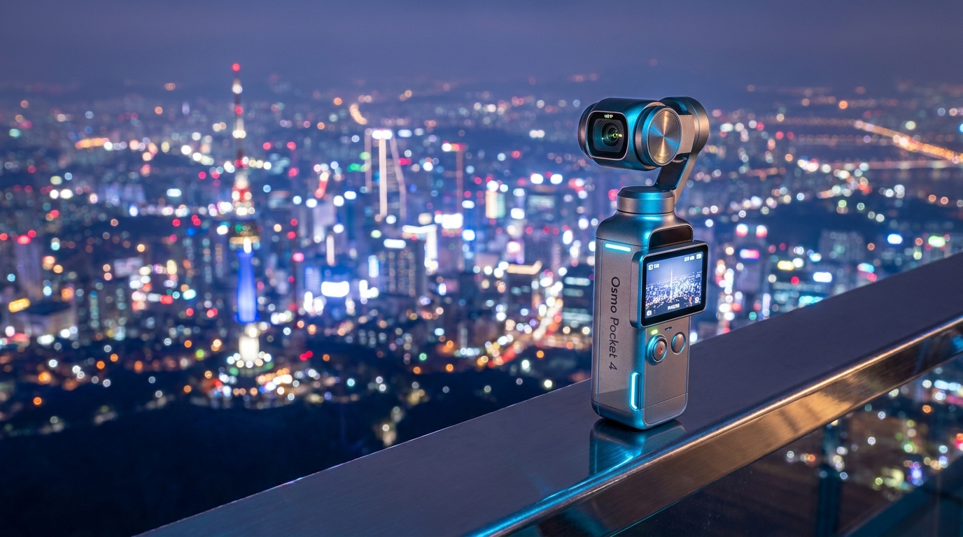 2026년 신형 DJI 오즈모포켓 4 카메라의 세련된 디자인과 야간 촬영 모습