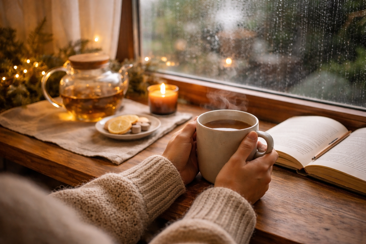 비 오는 오후, 창가에서 따뜻한 차를 마시며 책을 읽는 조용한 시간