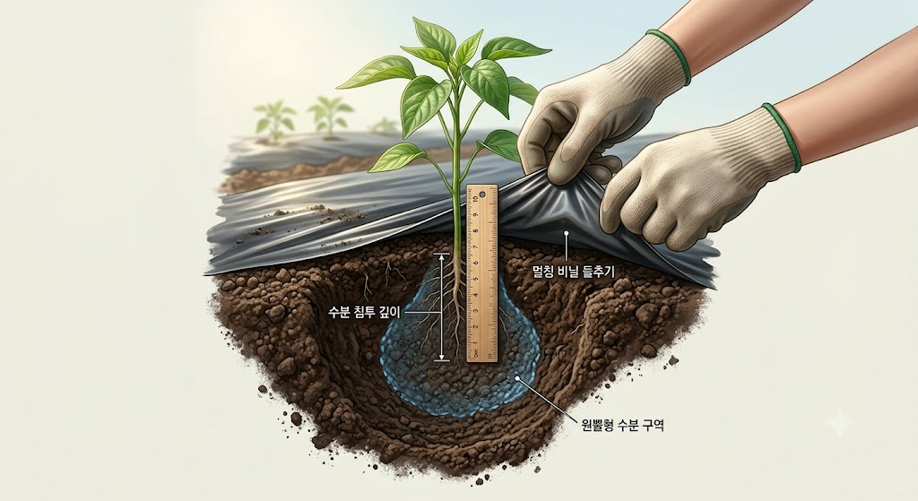비닐 멀칭을 걷어내고 흙 단면을 파서 점적관수로 젖어 든 토양 깊이를 자로 측정