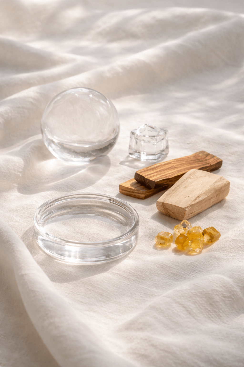 부드럽게 주름진 흰 리넨 천 위에 여러 개의 오브젝트가 여백을 두고 놓여 있다. 왼쪽 위에는 반투명한 유리로 된 둥근 구 형태의 오브젝트가 있고, 그 옆에는 작은 투명한 각진 유리 조각이 배치되어 있다. 아래쪽에는 납작한 원형의 투명 유리 링이 놓여 있으며, 오른쪽에는 색감이 다른 두 개의 우드 블록이 겹치지 않게 나란히 놓여 있다. 우드 블록 옆에는 호박빛을 띠는 작은 앰버 레진 조각들이 몇 개 흩어져 있다. 자연광이 천과 오브젝트 표면에 부드럽게 비치며, 유리의 투명함과 나무의 따뜻한 질감, 앰버의 반투명한 색감이 대비를 이루는 차분하고 고급스러운 분위기의 이미지이다.