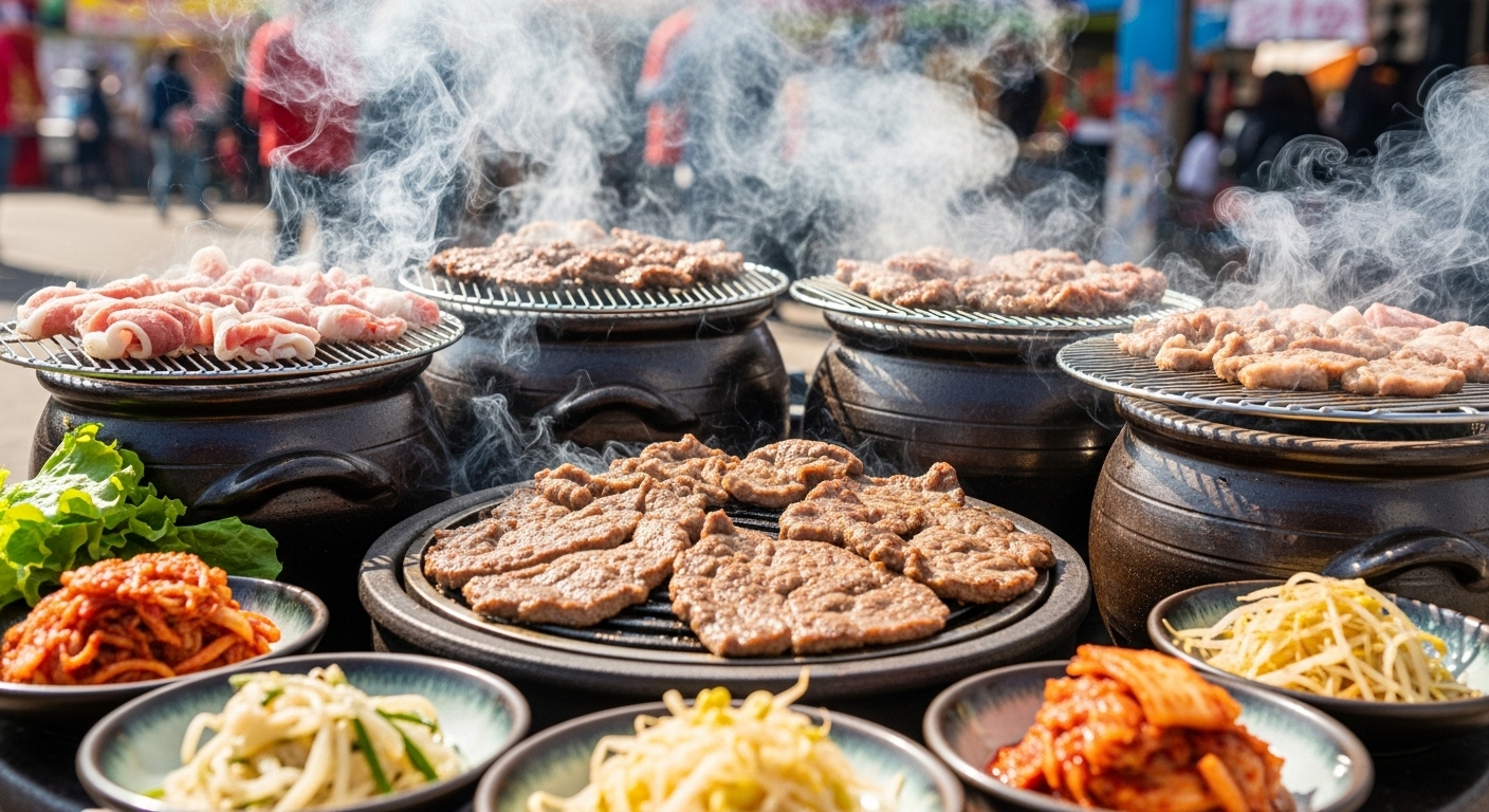 홍성 전통 항아리를 활용해 구워지고 있는 항아리 바비큐의 모습. 구수한 냄새가 풍기는 듯하다.