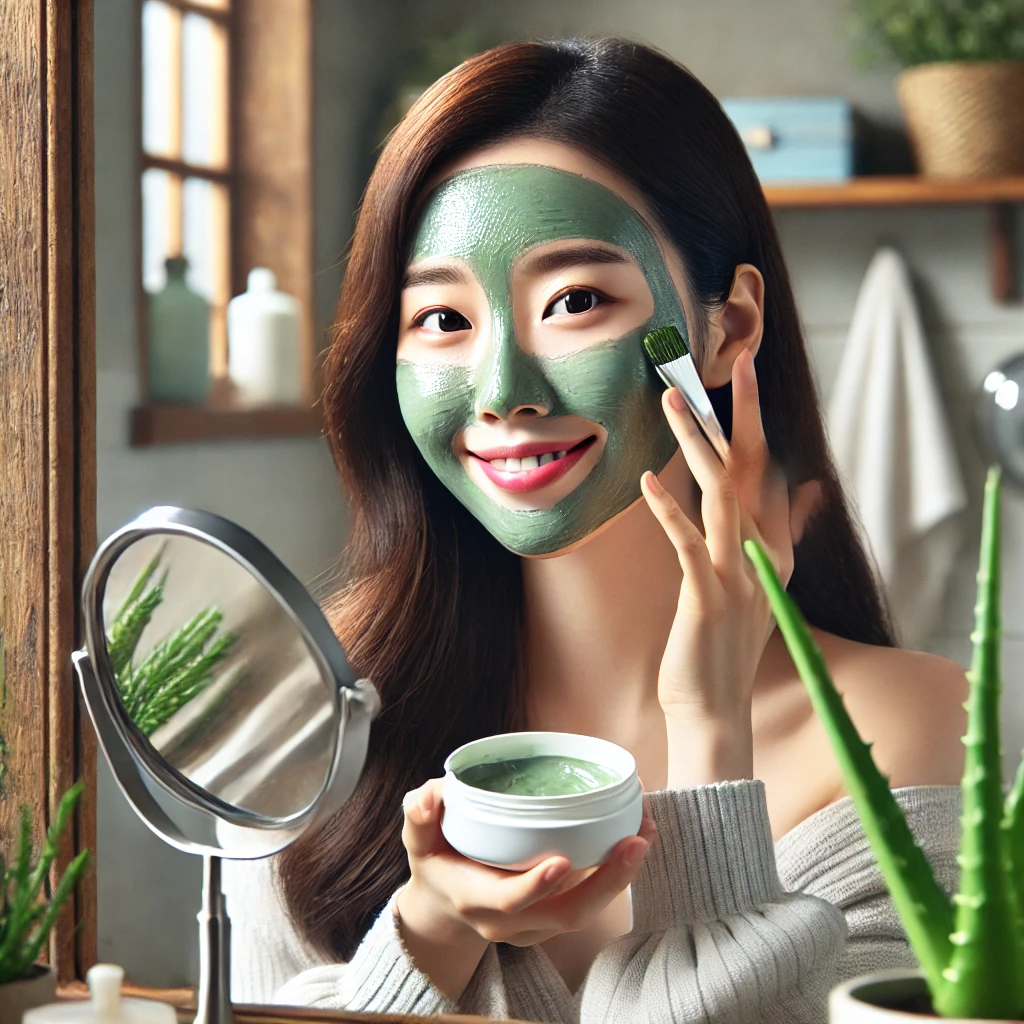 여성이 아늑한 욕실에서 알로에 베라 마스크를 얼굴에 바르고 있는 모습. 그녀는 거울을 보며 미소를 짓고 있으며&amp;#44; 욕실은 식물과 자연스러운 인테리어로 꾸며져 있습니다