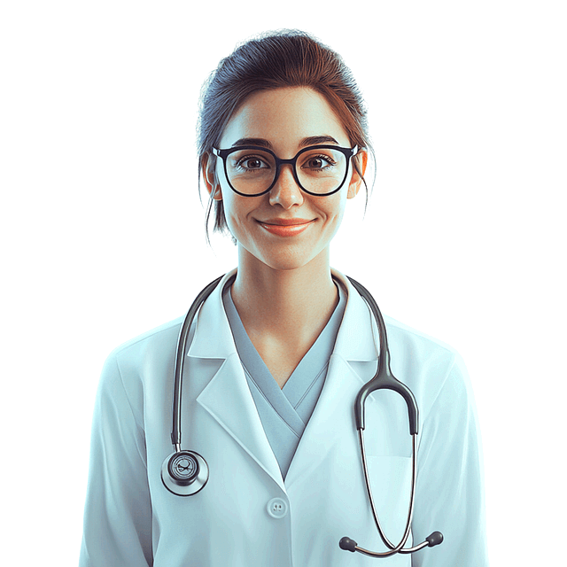 갈색머리를 올백한 여의사가 하얀 의사 가운과 청진기를 매고 미소지으며 서있다. 검정 안경을 착용했다.