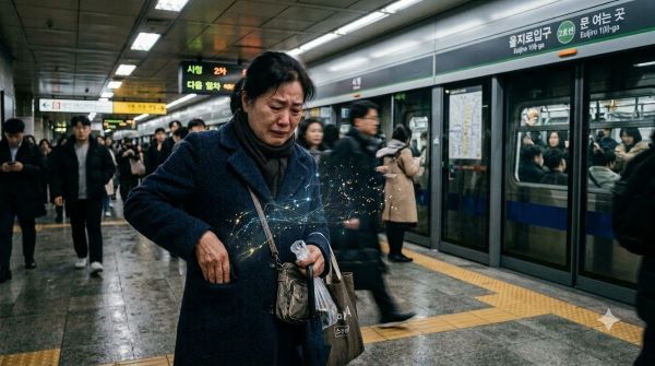 지하철 플랫폼에서 한 여인이 주머니 속에서 뭔가를 찾고 있는 모습. 중요한 것을 잃어버려서 당황한 표정의 중년 한국인 여성의 이미지