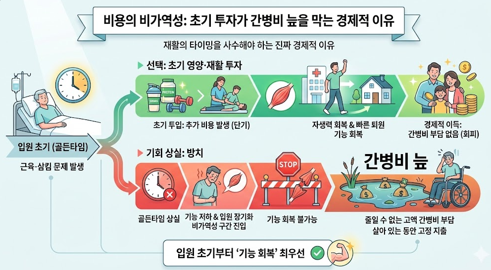 초기 재활 투자와 간병비 증가를 비교한 경제적 흐름도, 골든타임 상실 시 비가역적 간병비 부담 설명