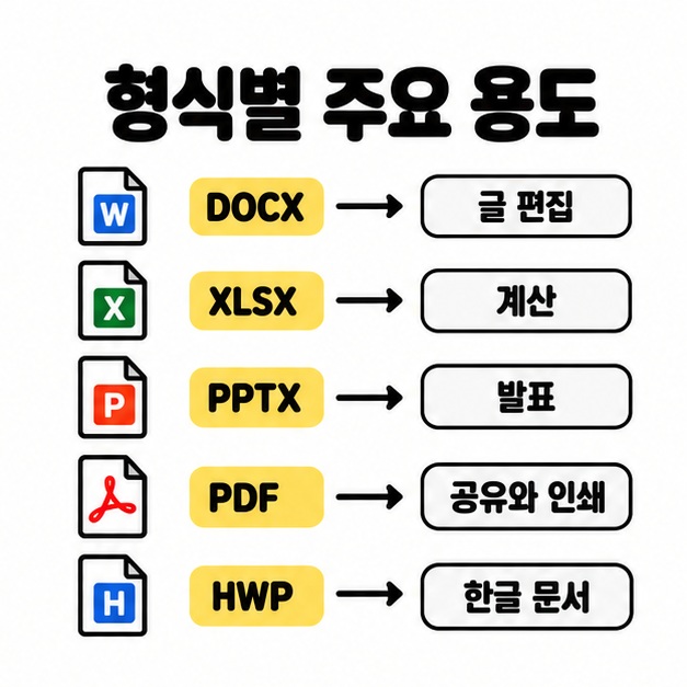 DOCX XLSX PPTX PDF HWP를 글 편집 계산 발표 공유와 인쇄 한글 문서에 대응한 비교 도식