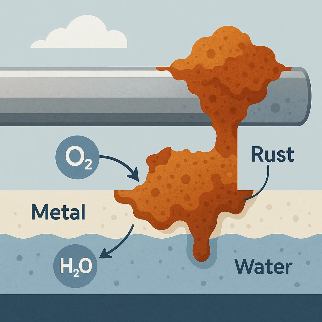 금속-표면이-공기-중의-산소와-물에-반응하여-산화철이-형성되는-부식-과정을-단면도로-표현한-과학-일러스트
