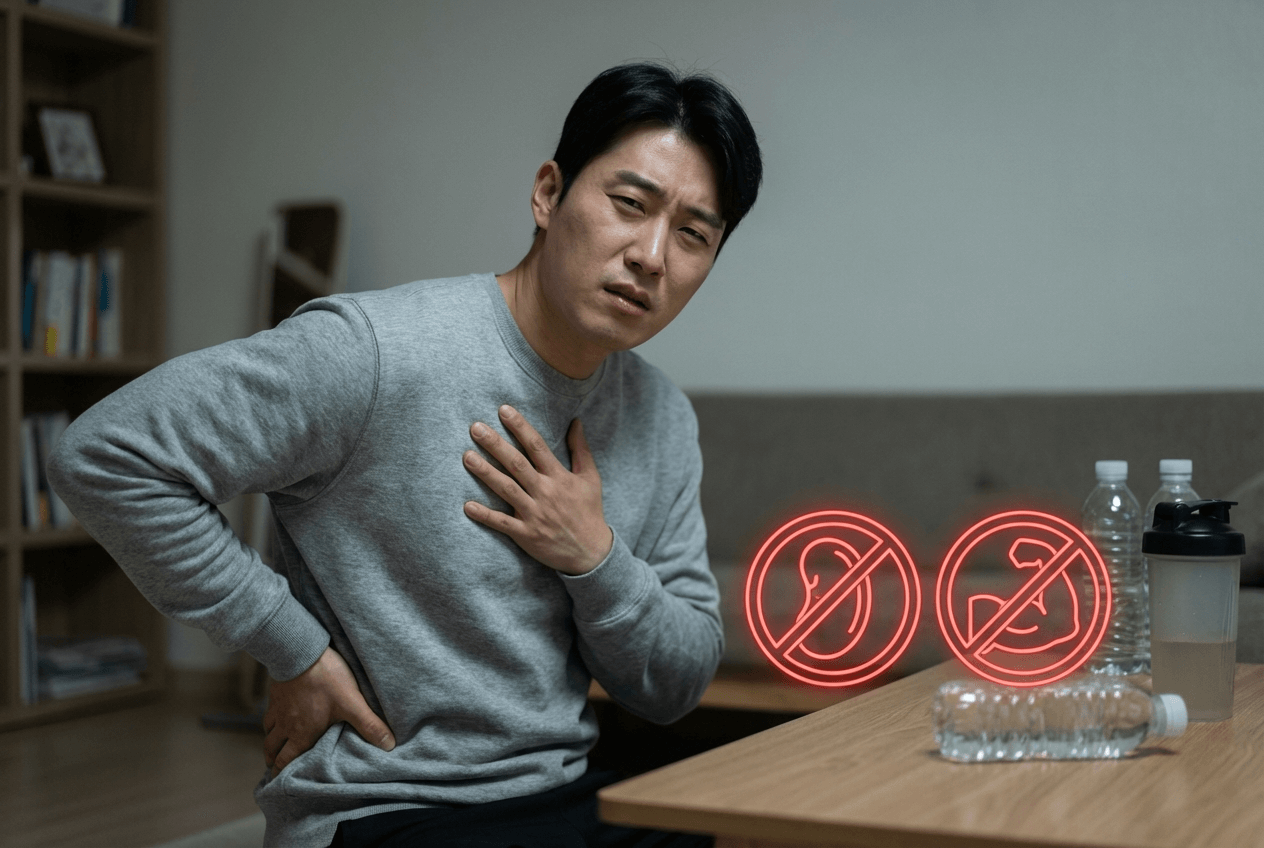 크레아틴 복용 중단 신호를 설명하는, 한국인 성인 남성이 옆구리와 가슴 쪽을 불편해하며 경고 아이콘이 함께 있는 장면.