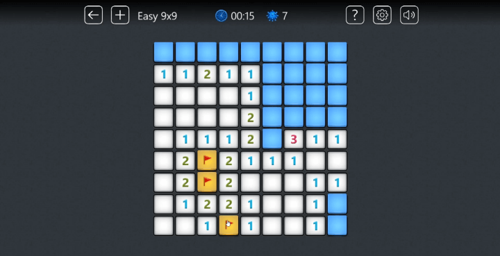 지뢰찾기-게임하기-플레이-지뢰가-있을-것으로-예상되는-지점에-깃발을-설치하는-화면