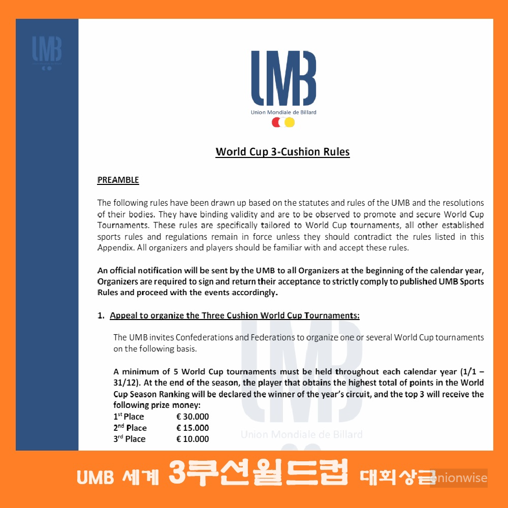 UMB 세계 3쿠션 당구월드컵 대회 상금 현황