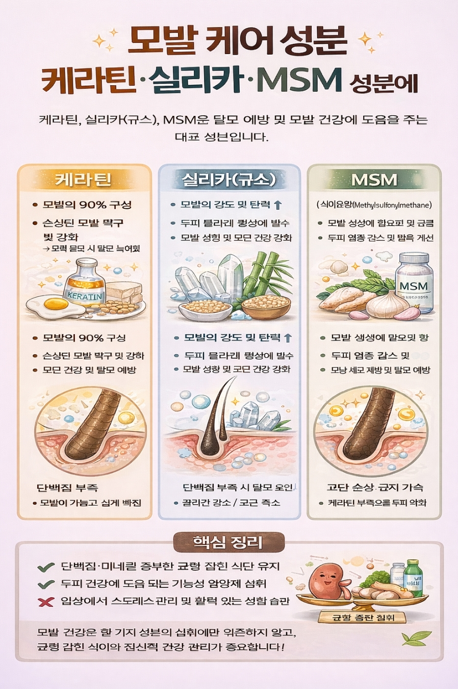 모발 관리와 관련된 케라틴&middot;실리카(규소)&middot;MSM 성분 설명