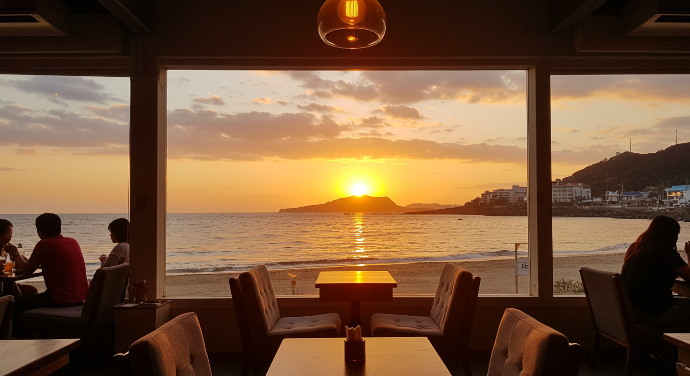 저녁 노을로 물든 제주 해변가 카페 풍경