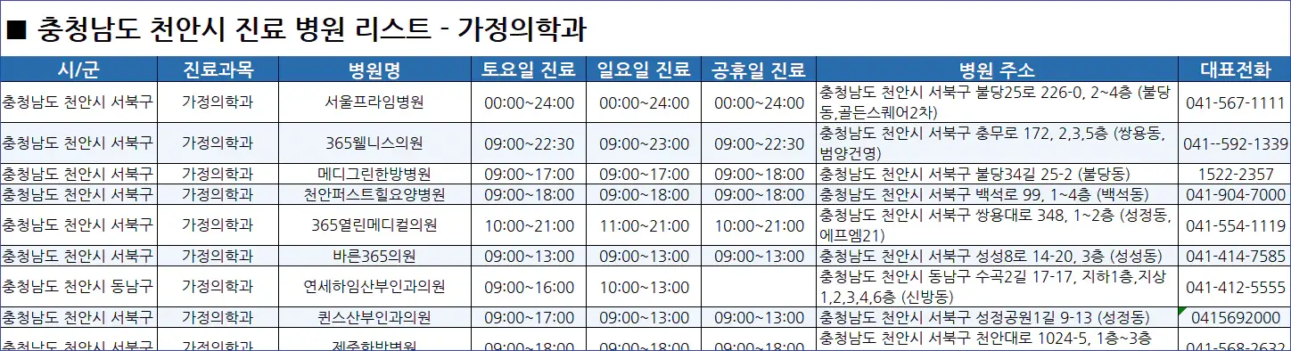 천안시-일요일-진료병원-리스트-예시