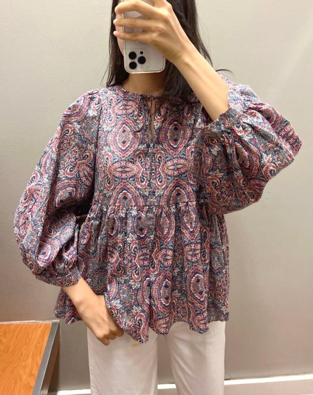 바나나리퍼블릭 여성 퍼프 슬리브 엠파이어 웨이스트 코튼 블라우스