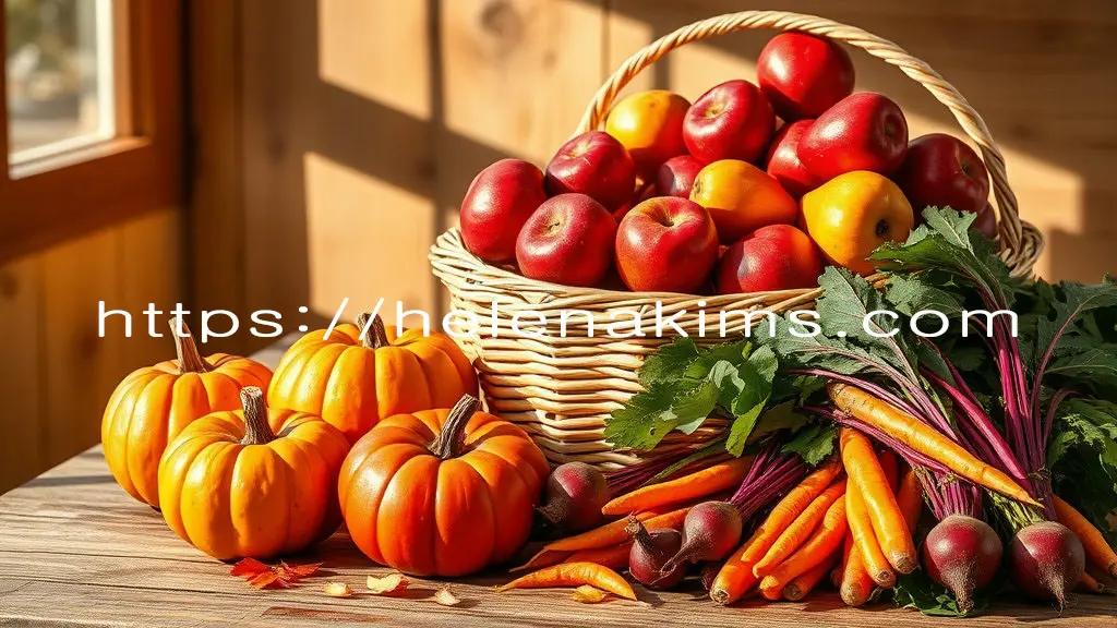 따뜻한 가을 햇살이 비추는 나무 테이블 위, 큰 대나무 바구니에 탐스러운 사과와 배가 가득 담겨 있고, 그 옆에는 주황빛 늙은 호박 놓여있다, 그 옆에는 싱싱한 연근과 빛깔 고운 당근 그리고 비트 등 다채로운 가을 제철 과일 및 채소들이 풍성하고 아름답게 배열된 모습.