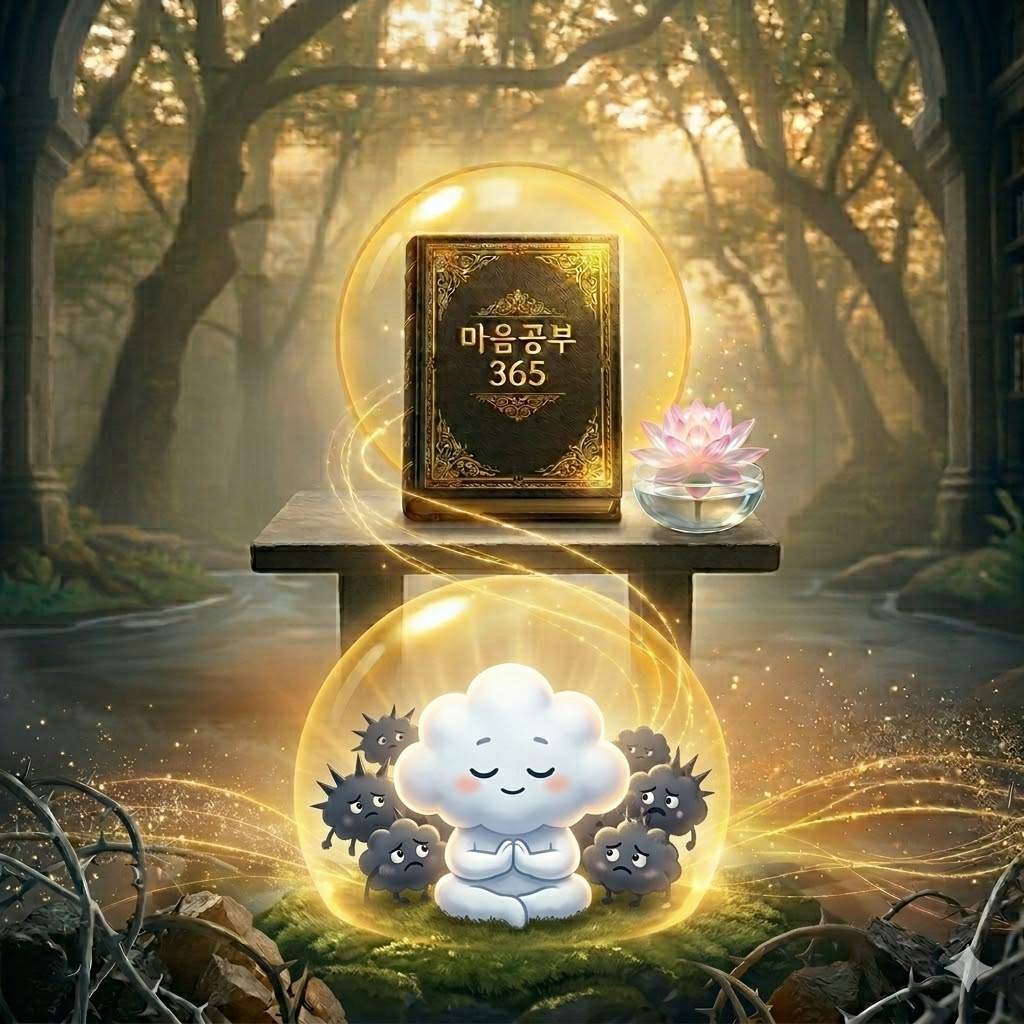 KR: 고결한 금박 '마음공부 365' 리포트와 불안의 가시를 따뜻한 황금빛 호흡으로 품어안는 귀여운 구름 캐릭터가 공존하는 포근한 애니메이션 1:1 이미지.

EN: A unified 1:1 animation photo: Top featuring the premium gold-embossed 'Mind Study 365' report; bottom showing the cute cloud character meditating and enveloping anxious, spiky creatures within a warm, protective golden bubble, all within a single, integrated composition.