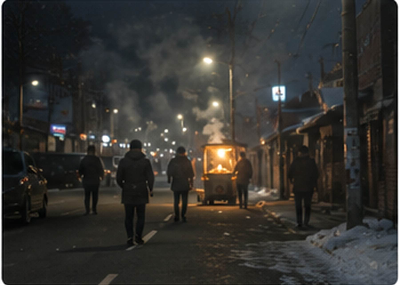 어두운 겨울밤 거리에서 멀리 군고구마 노점의 따뜻한 불빛이 보이고 사람들이 걸어가는 모습