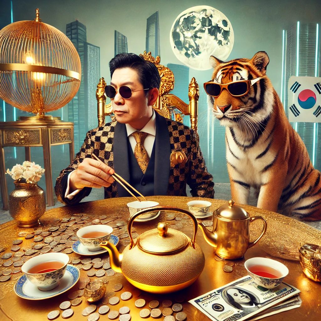 번쩍한 골드 테이블에서 전통 다도와 현대적 사치를 동시에 즐기는 한국 부자의 모습.