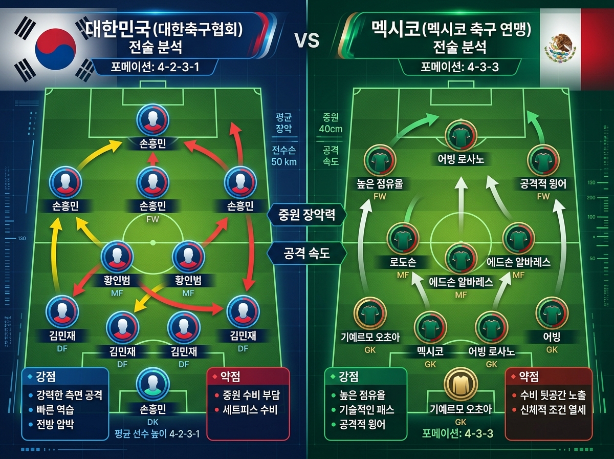 한국 멕시코 전술 포메이션 비교 4-2-3-1 vs 4-3-3 다이어그램