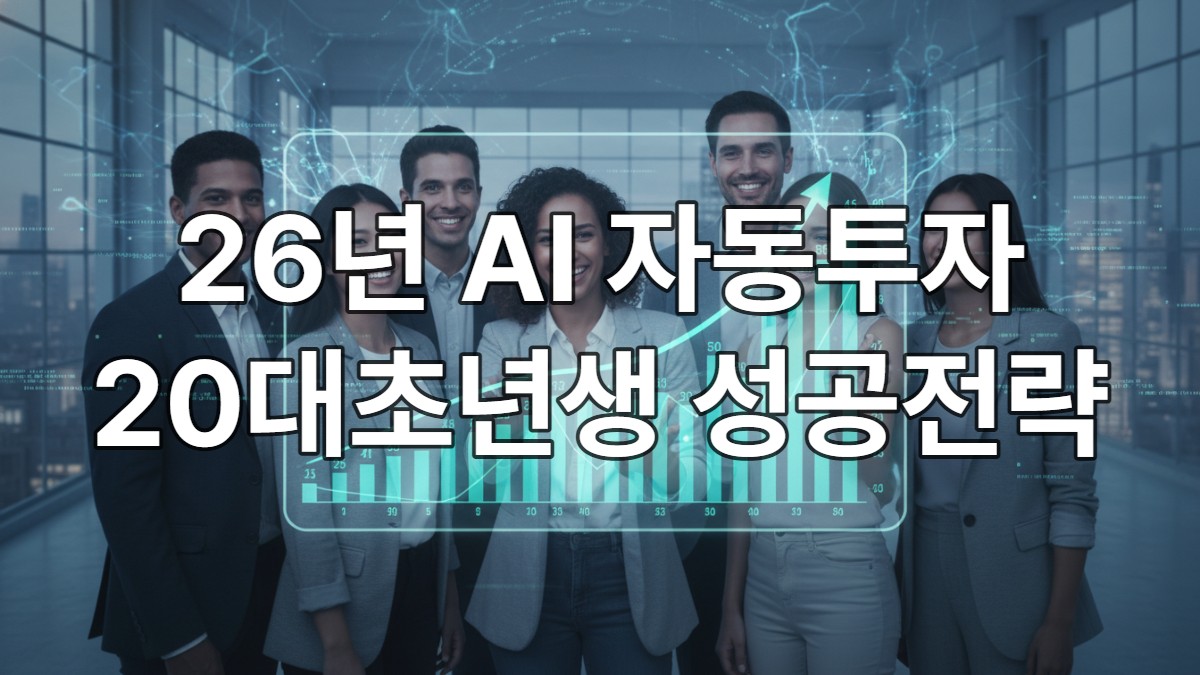 20대 사회초년생들이 AI가 성장시키는 미래 금융 그래프를 보며 자신감 넘치는 모습. 희망찬 분위기의 미래 투자 전략을 상징하는 이미지.