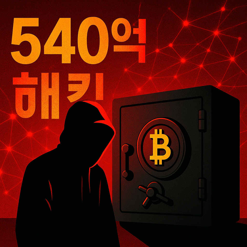 업비트 540억 해킹 사고 관련 썸네일, 붉은 배경에 해커 실루엣과 가상자산 금고 이미지