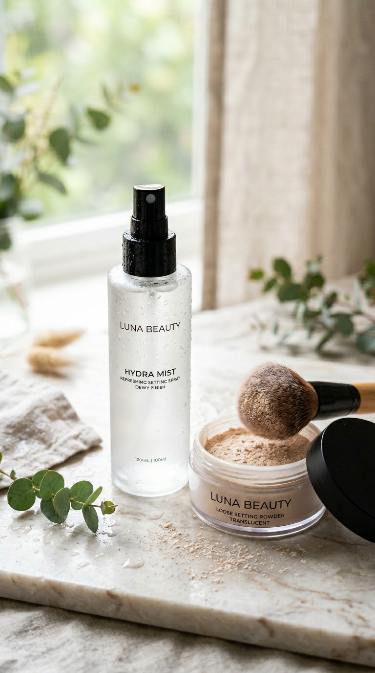 Aesthetic shot of loose setting powder and a sleek makeup setting spray bottle with water droplets, refreshing and clean atmosphere, 9:16 aspect ratio