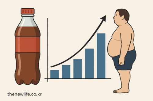 A conceptual illustration showing a soda bottle, a rising bar chart, and an overweight man, symbolizing the link between sugar-sweetened beverages and obesity.-당이 들어간 음료수와 비만의 연관성을 보여주는 개념적 이미지로, 콜라병, 비만율 상승 그래프, 뚱뚱한 남성이 묘사되어 있다.