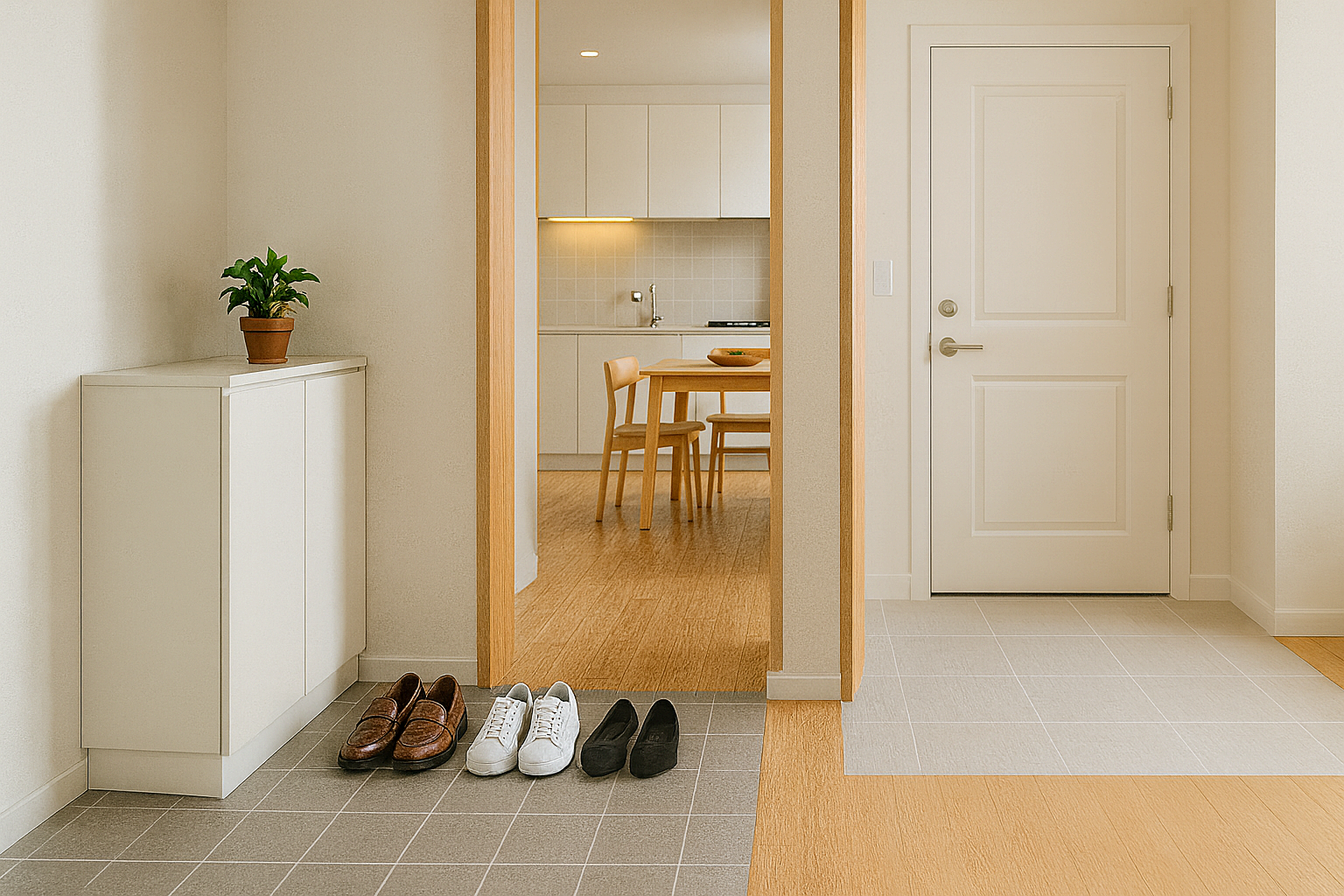 주방과 현관을 정리해 손님을 맞이하는 준비된 모습