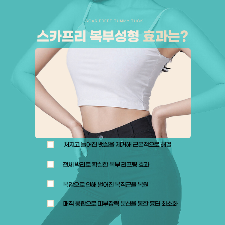 스카프리 복부성형의 효과는? 

1. 처지고 늘어진 뱃살을 제거해 근본적으로 해결

2. 전체 박리로 확실한 복부 리프팅 효과

3. 복압으로 인해 벌어진 복직근을 복원

4. 매직 봉합으로 피부 장력 분산을 통한 흉터 최소화