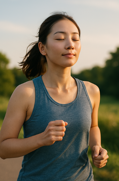 러닝을 통해 내면의 평화를 느끼는 젊은 여성 러너
