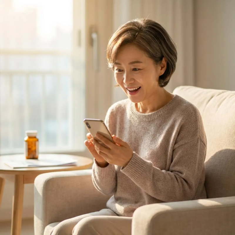 카카오톡 아스업(AskUp) 인공지능 기능을 스마트폰으로 활용하며 놀라움과 만족감을 표하는 50대 한국 여성의 생생한 모습