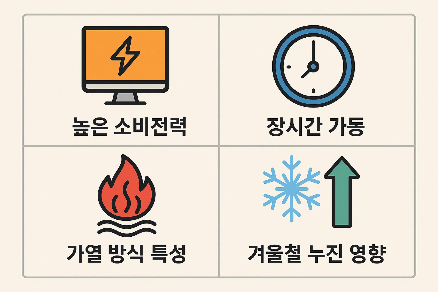 가열식 가습기의 높은 소비전력 장시간 가동 겨울철 누진 영향 등 전기료를 결정하는 주요 요인을 일러스트로 정리한 전기세 이해용 핵심 요약 인포그래픽