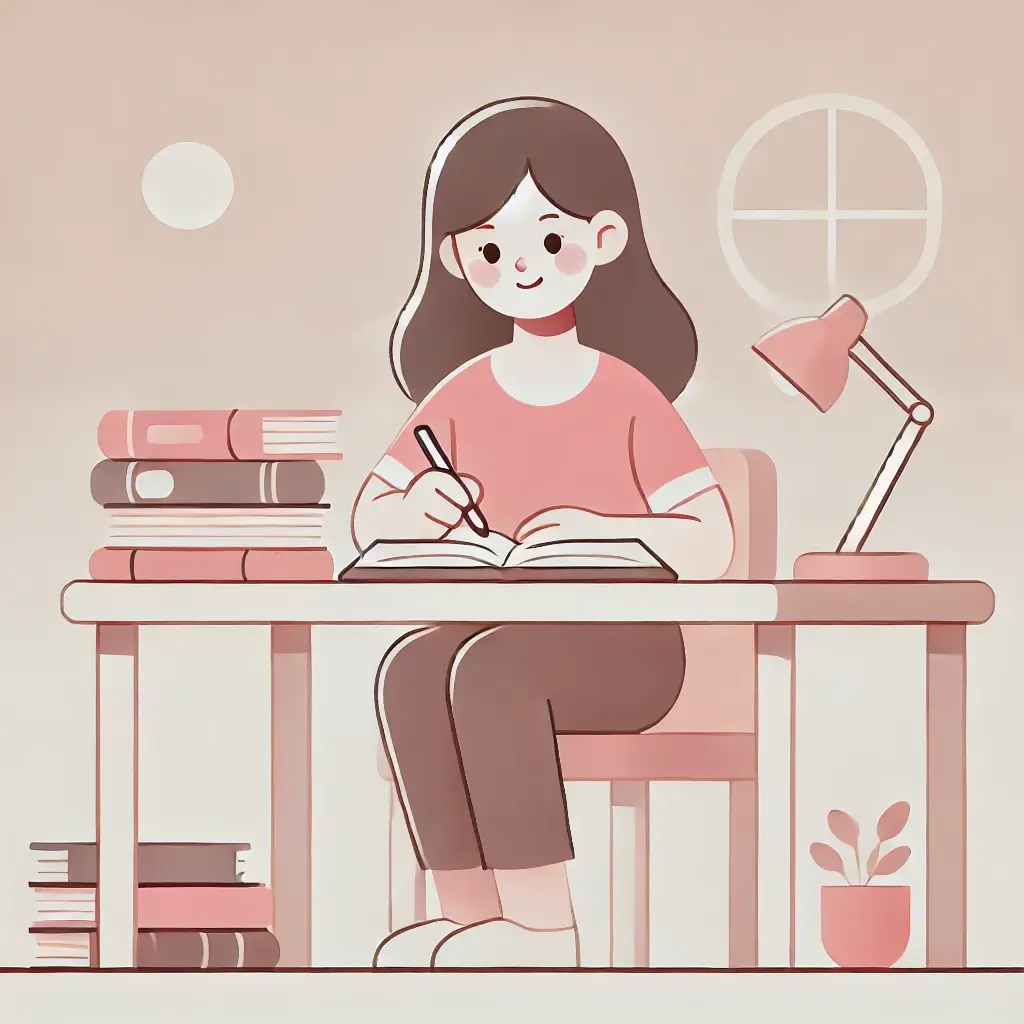 책상에서 공부 중인 여성 일러스트