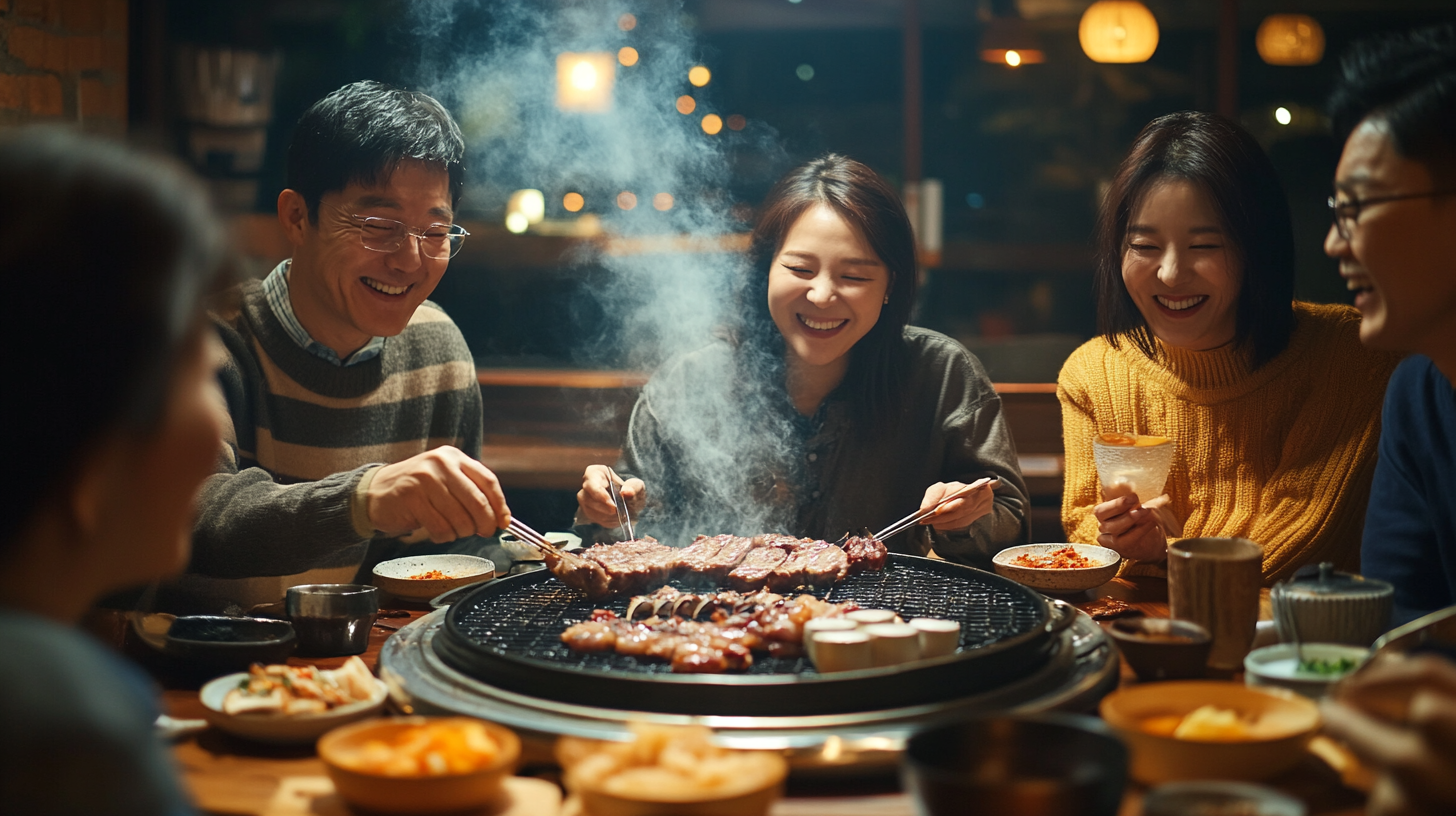 어버이날 선물로 한우를 먹고 있는 화목한 가정의 모습
