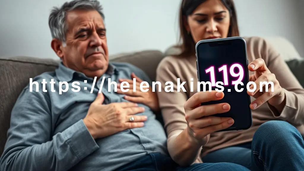 고통스러워하며 가슴을 움켜쥔 환자(중년 남성 또는 여성)가 소파에 기대어 앉아있다. 그 옆에는 한 손으로 환자의 어깨를 부드럽게 지탱하며 안정시키고, 다른 한 손으로는 스마트폰으로 **'119'**를 누르고 있는 침착한 보호자의 모습.