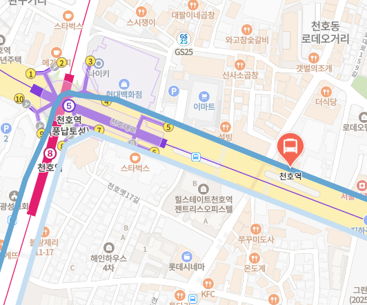 강동구청역에서 인천공항 리무진 공항버스(6200번) 지도 위치
