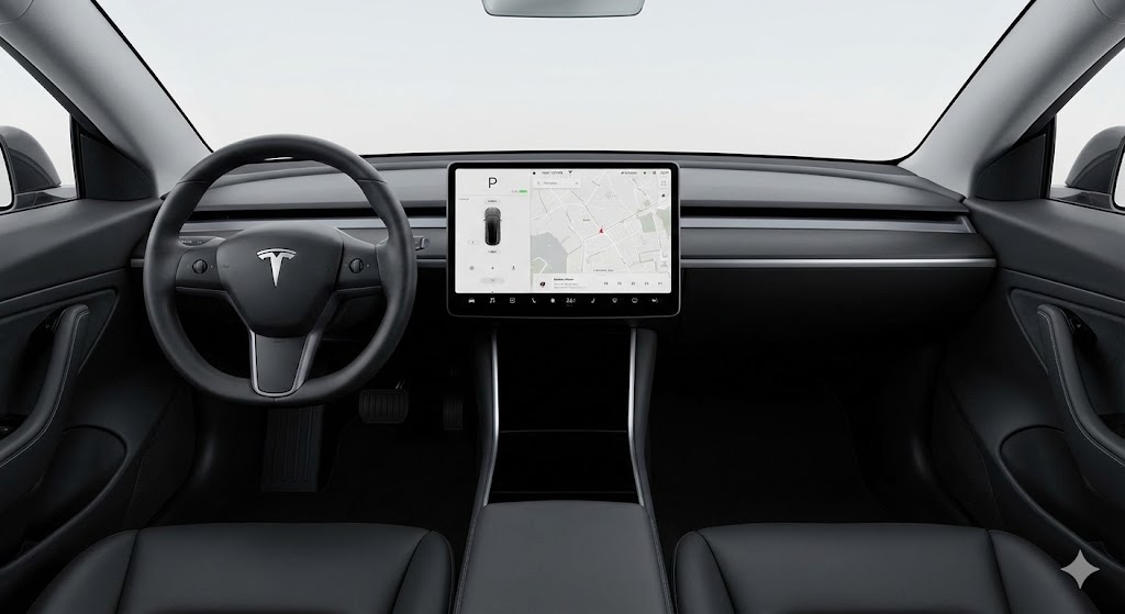 테슬라 특유의 심플하고 미래지향적인 인테리어 디자인을 확인할 수 있는 대시보드 사진입니다.