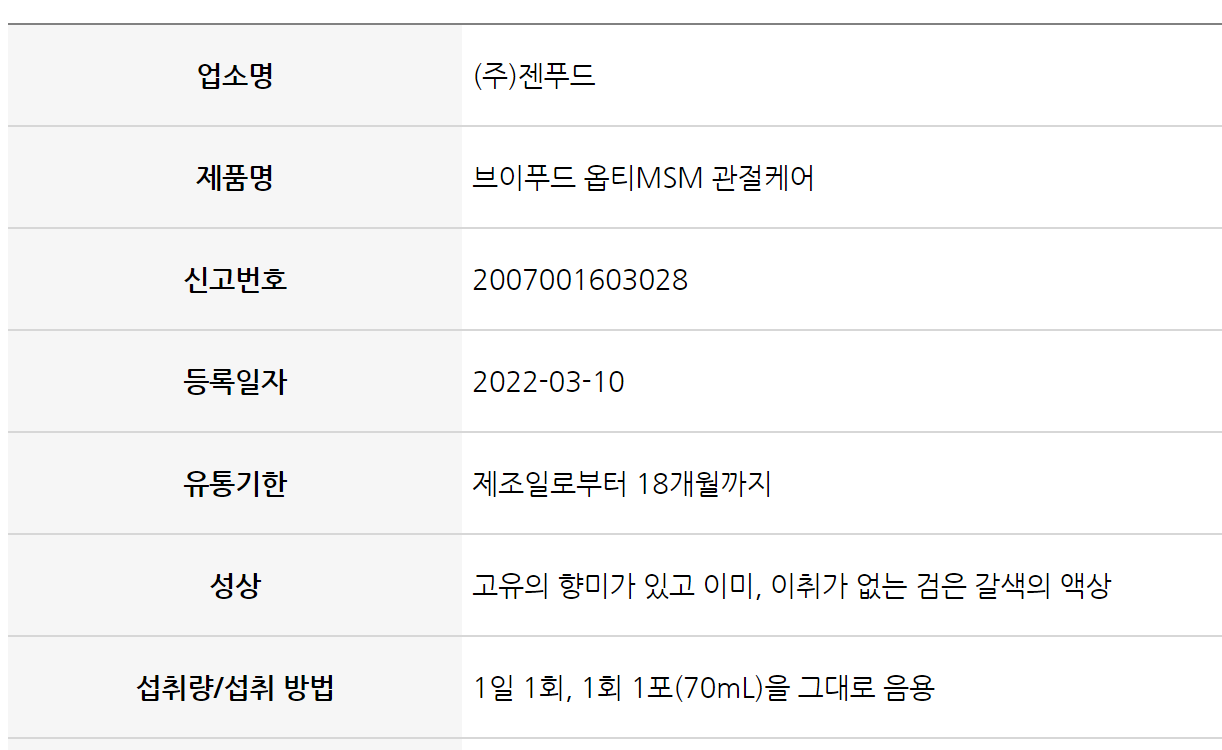 브이푸드 옵티MSM 관절케어 식약처 등록 정보
