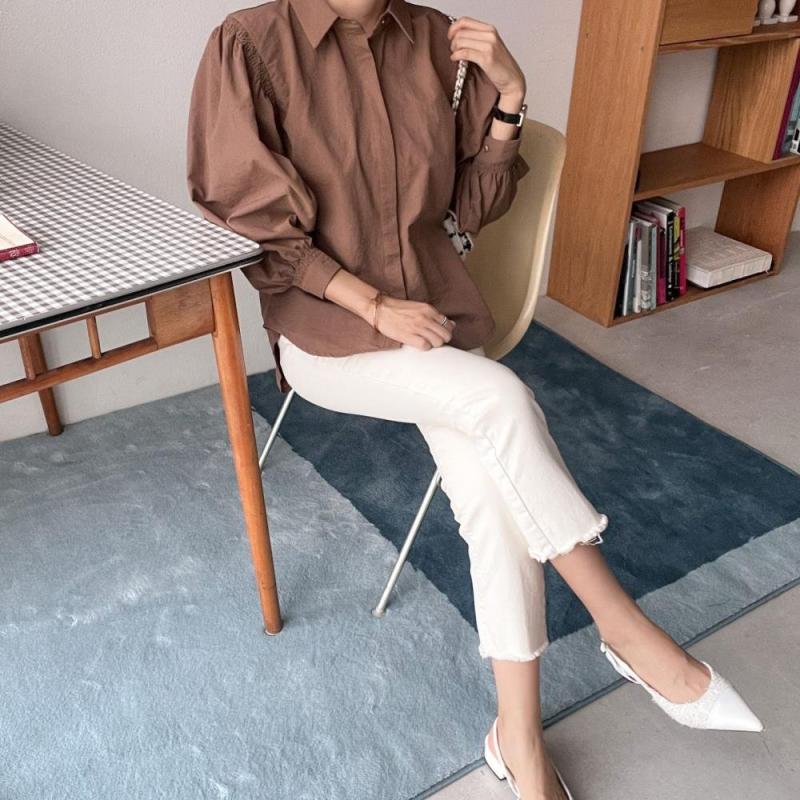 여성 나일론 벌룬 소매 스모크 가을 블라우스
