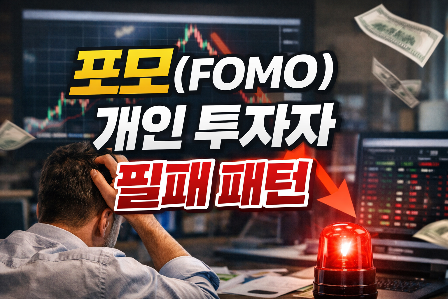 포모(FOMO)로 급등주에 추격 매수한 뒤 손실을 겪는 개인 투자자, 하락 화살표와 경고등이 함께 표현된 주식 실사 이미지