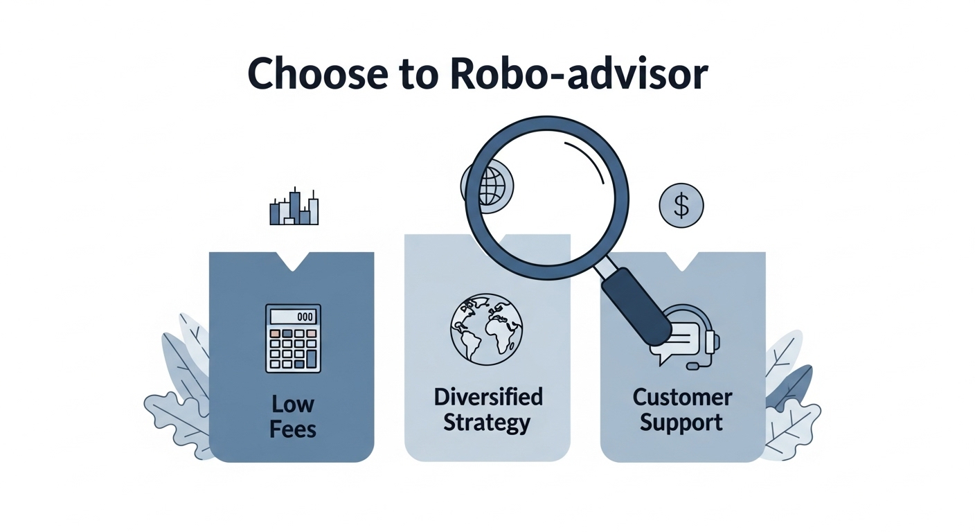 낮은 수수료, 분산 전략, 고객 지원을 상징하는 아이콘들로 로보 어드바이저 선택 기준을 나타내는 이미지.