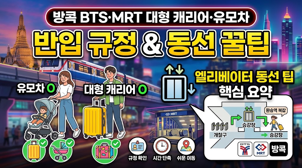 방콕 여행자를 위한 BTS 및 MRT 대형 캐리어와 유모차 반입 규정, 엘리베이터 위치 등 이동 동선 핵심 팁을 정리한 썸네일 이미지입니다.
